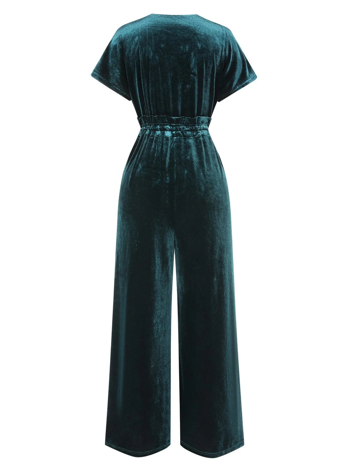 1940s Solid Waist Tie V-Neck Velvet Jumpsuit