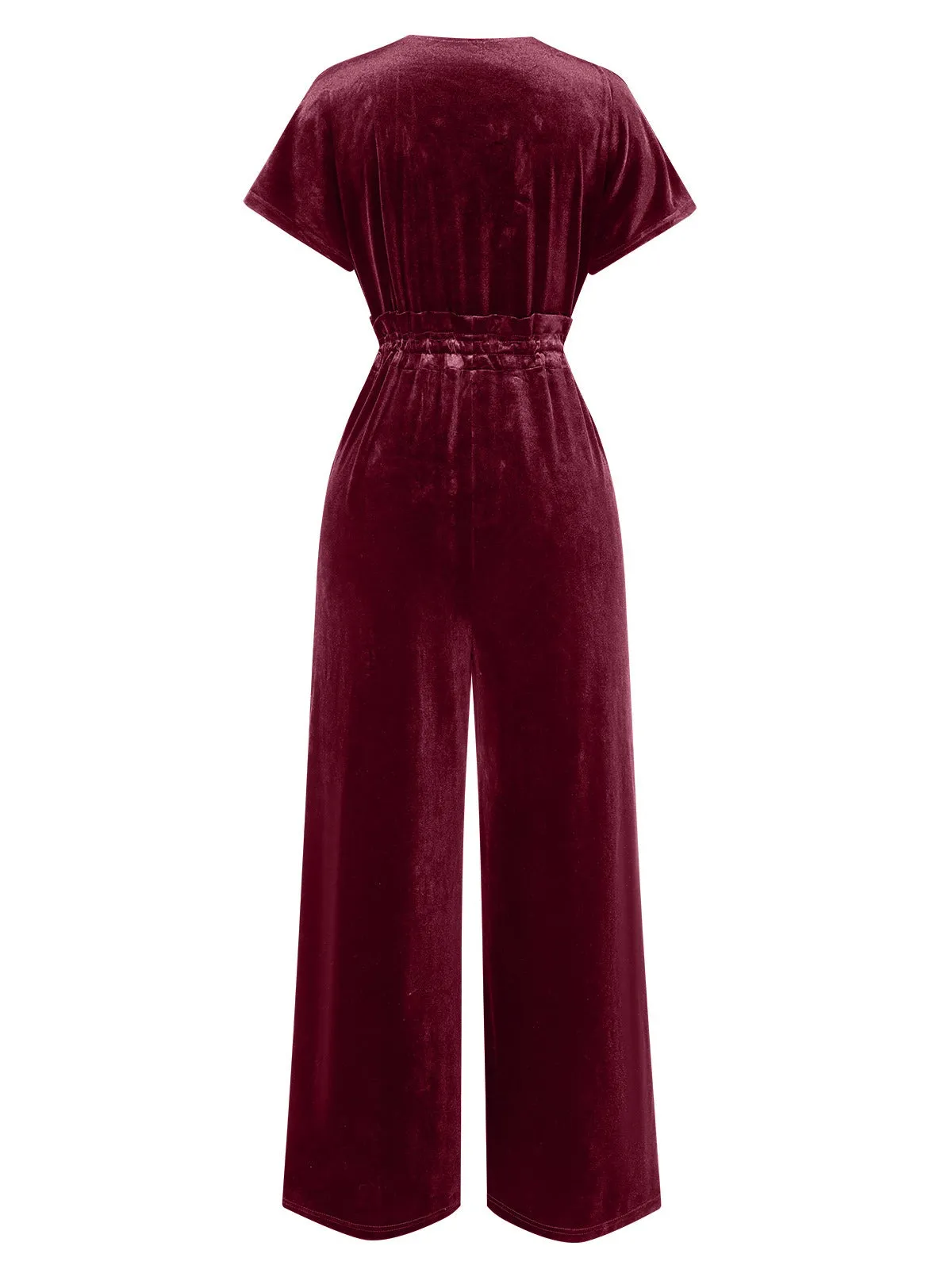 1940s Solid Waist Tie V-Neck Velvet Jumpsuit