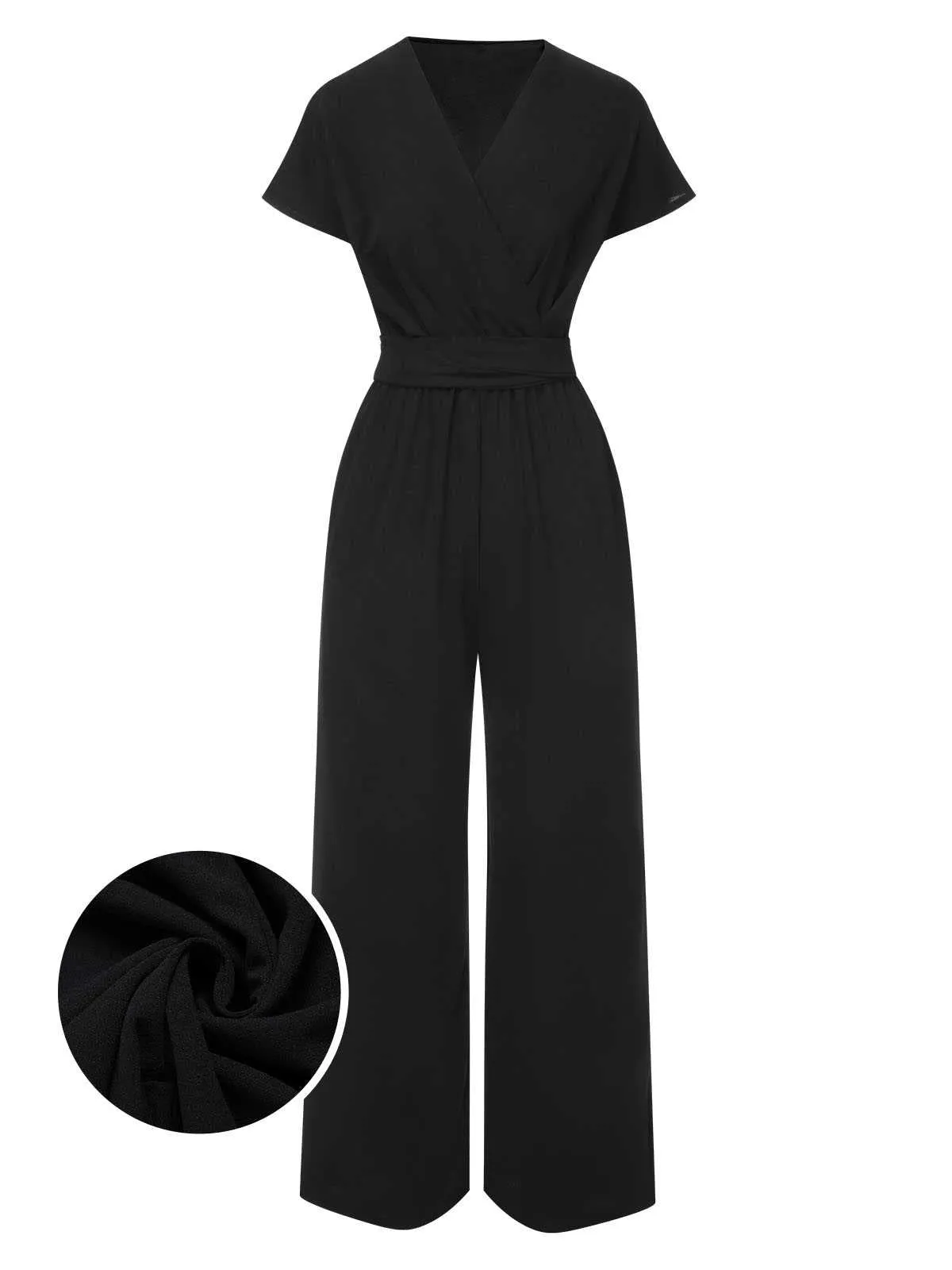 1960s V-Neck Belted Solid Jumpsuit