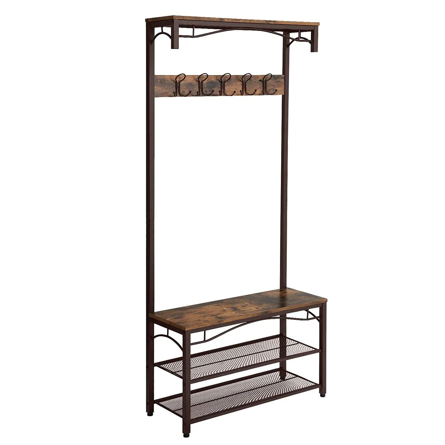 70" Industrial Metal Framed Coat Rack, Wood Bench, Two Mesh Shelves, Rustic Brown, Black By Casagear Home