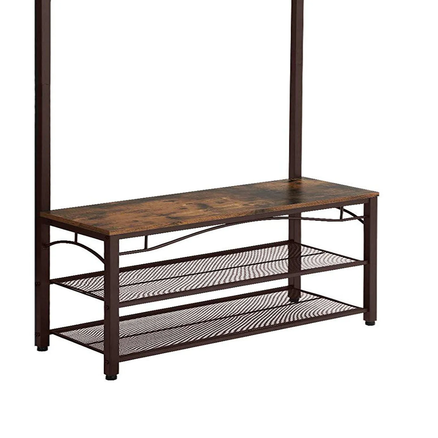 70" Industrial Metal Framed Coat Rack, Wood Bench, Two Mesh Shelves, Rustic Brown, Black By Casagear Home