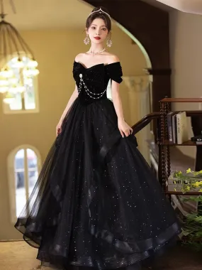 A-line Black Off Shoulder Tulle and Velvet Party Dress, Black Floor Length Prom Dress