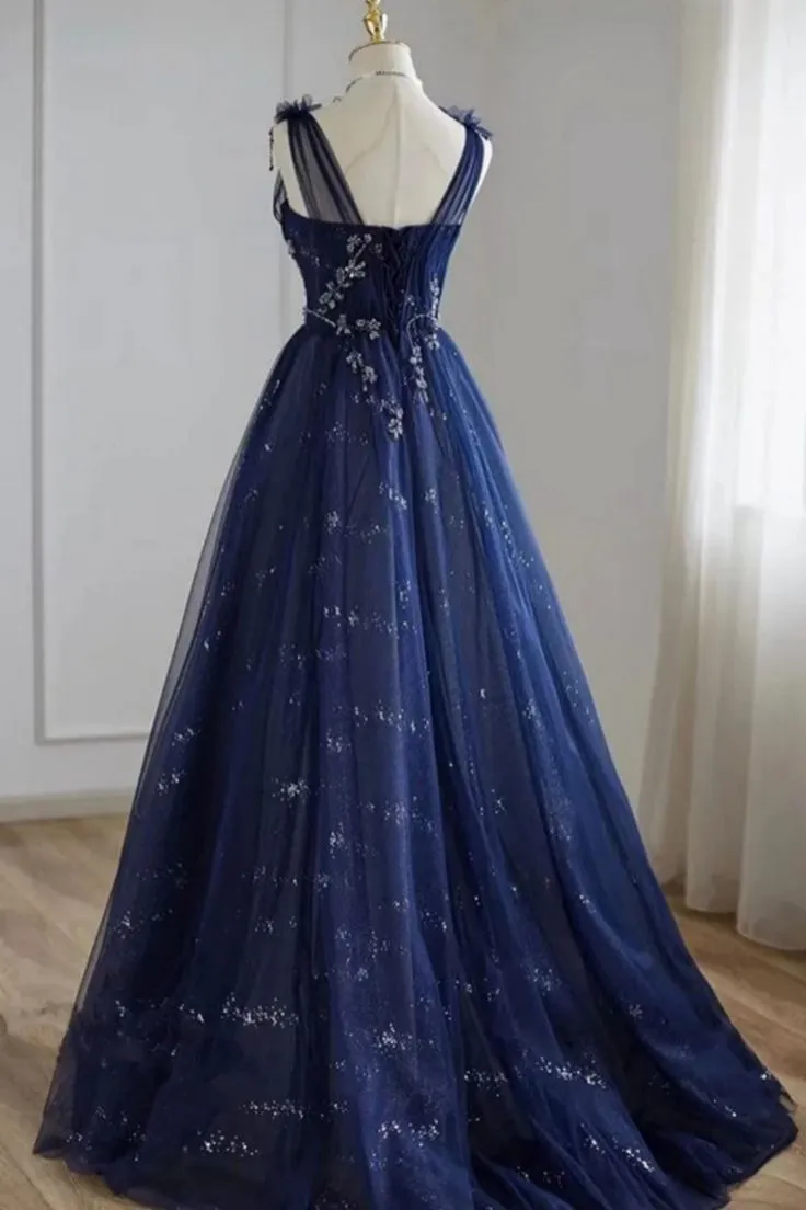 A Line Navy blue Tulle Beaded V Neckline Party Dress, Navy Blue Shiny Tulle Prom Dress       fg5369