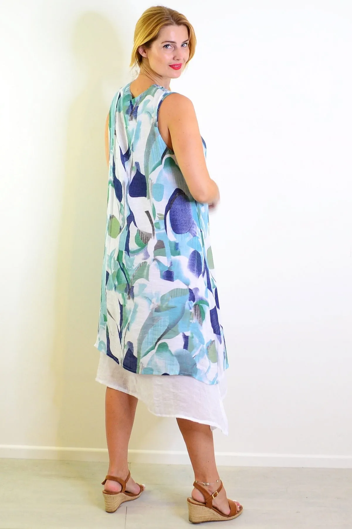 Abstract Aqua Tones Sleeveless Tunic Dress