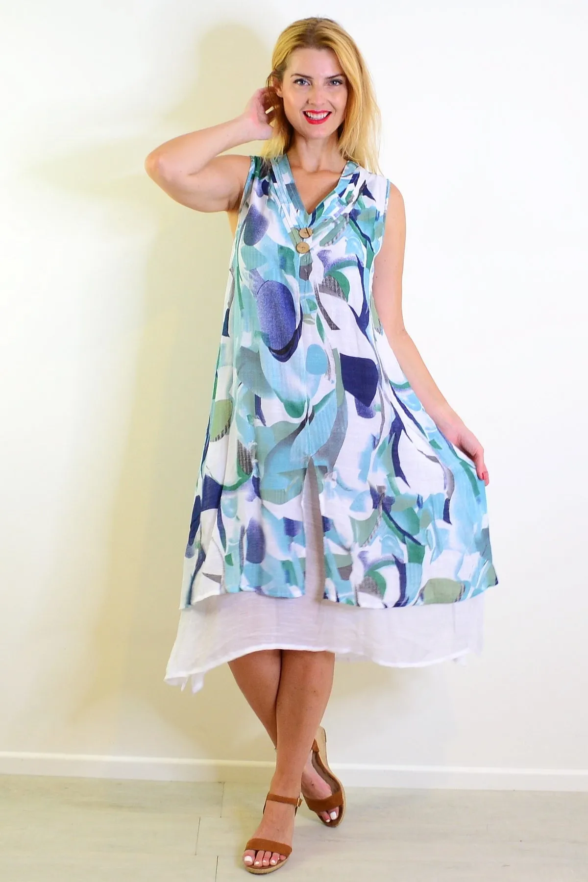 Abstract Aqua Tones Sleeveless Tunic Dress