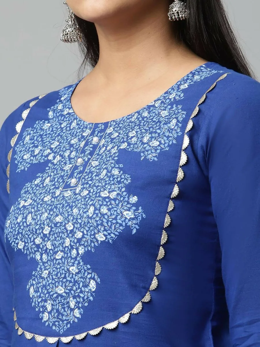 Ahalyaa Womens Royal Blue Pure Cotton Printed Tunic Palazzo Set