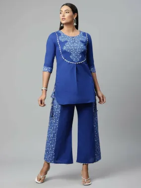 Ahalyaa Womens Royal Blue Pure Cotton Printed Tunic Palazzo Set