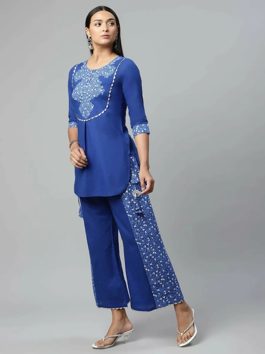 Ahalyaa Womens Royal Blue Pure Cotton Printed Tunic Palazzo Set