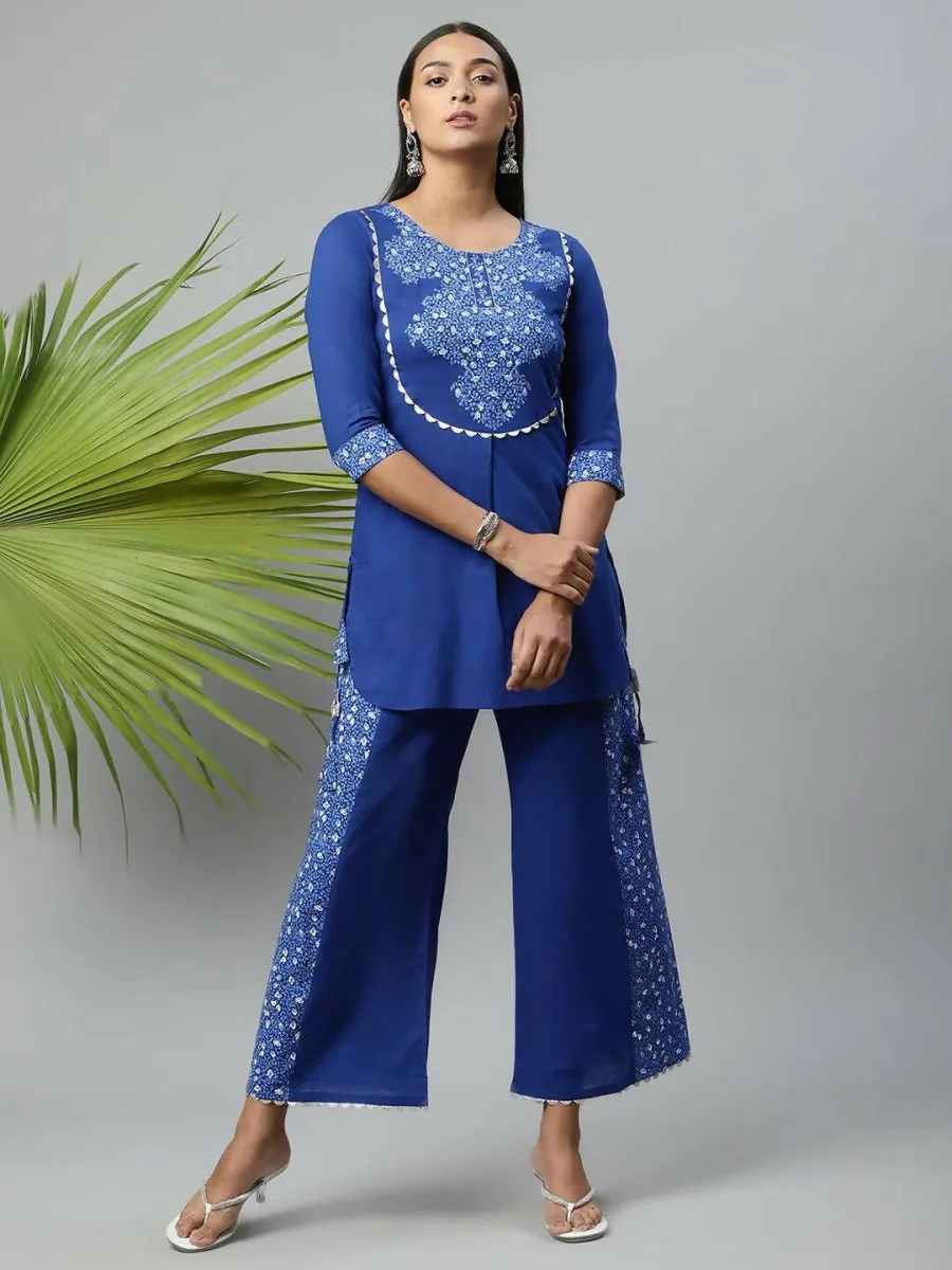 Ahalyaa Womens Royal Blue Pure Cotton Printed Tunic Palazzo Set