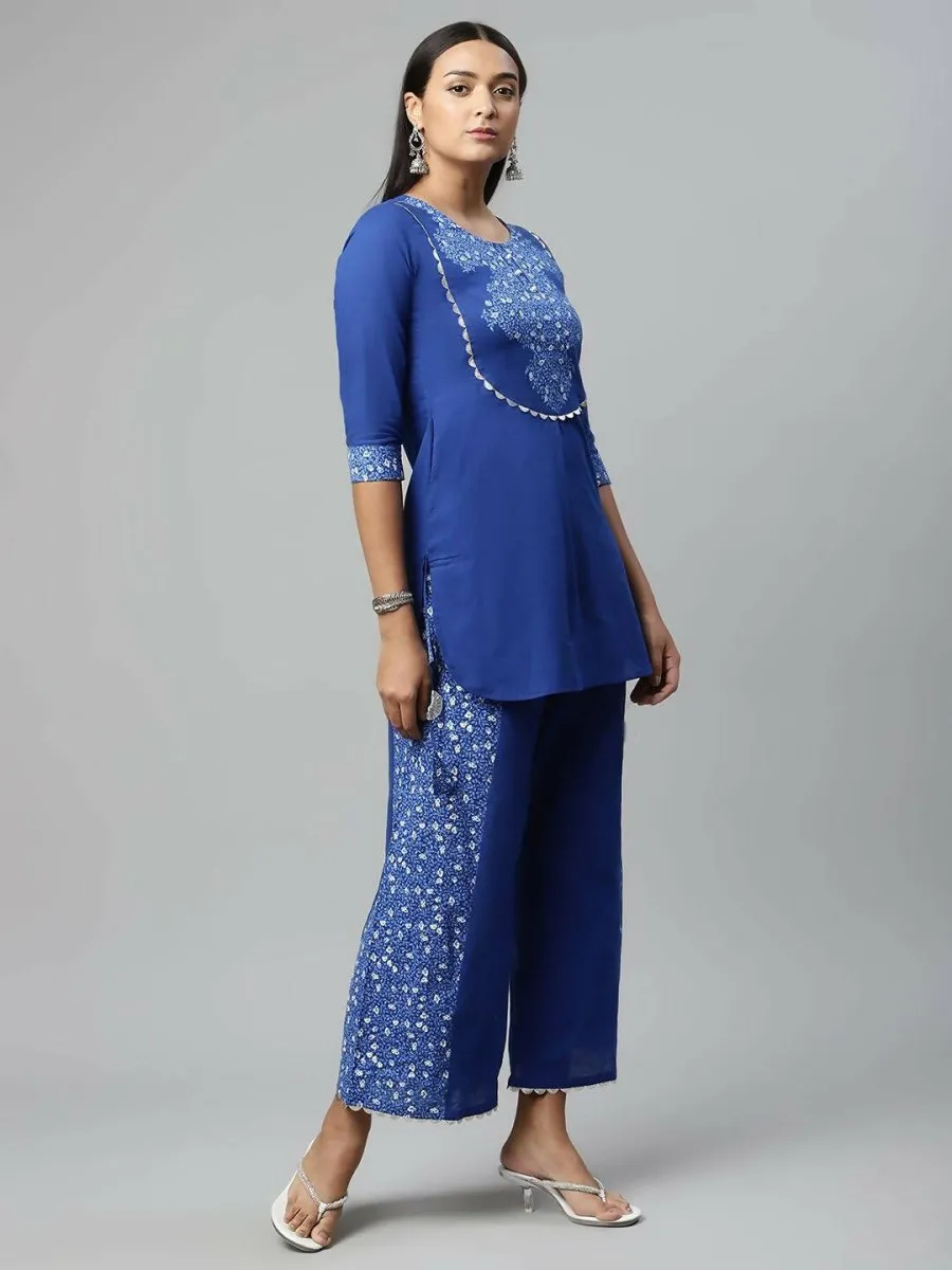 Ahalyaa Womens Royal Blue Pure Cotton Printed Tunic Palazzo Set