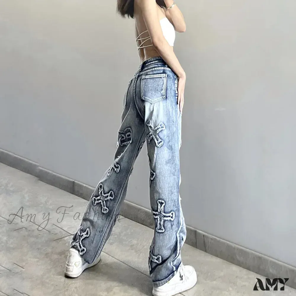 Amy Fashion - 2024 Women Letter Patch Wide Leg Blue High Waist Personality Baggy Streetwear Y2K Fashion Cotton Denim Jean