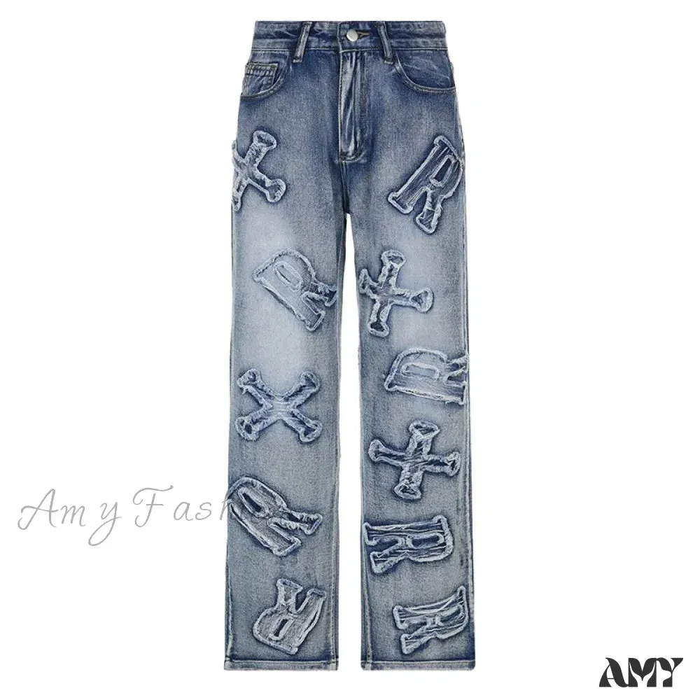 Amy Fashion - 2024 Women Letter Patch Wide Leg Blue High Waist Personality Baggy Streetwear Y2K Fashion Cotton Denim Jean