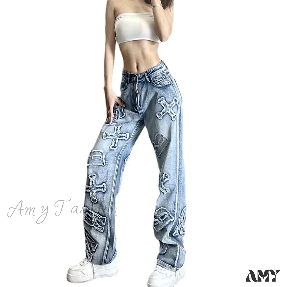 Amy Fashion - 2024 Women Letter Patch Wide Leg Blue High Waist Personality Baggy Streetwear Y2K Fashion Cotton Denim Jean