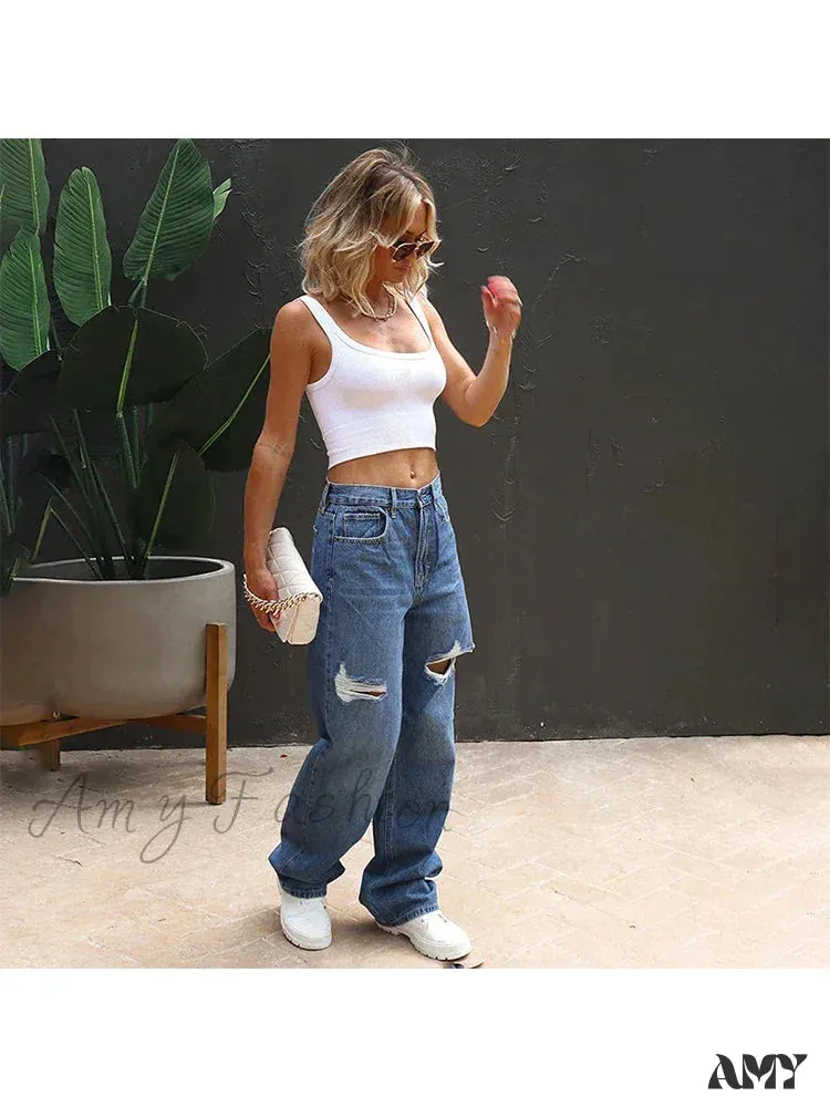 Amy Fashion - Stretch Ripped Loose Comfortable Casual Vintage Fashion Streetwear Wide Stylish Jean