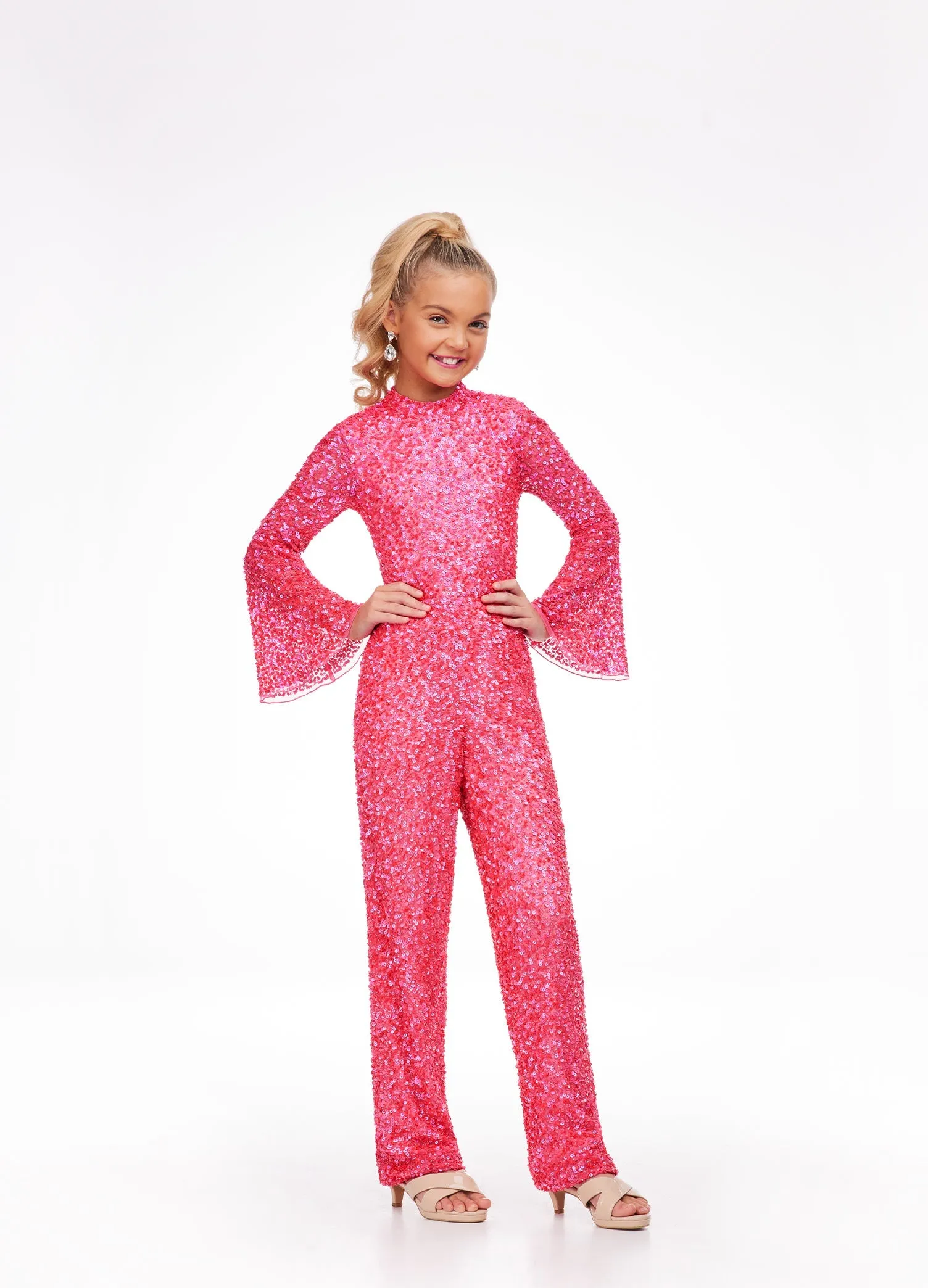 Ashley Lauren Kids 8091 Size 8 Iridescent Purple Long Bell Sleeve Girls Sequin Jumpsuit Fun Fashion Wear