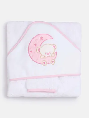 Baby Hooded Moon Teddy Towel Set with Washcloth-White & Pink