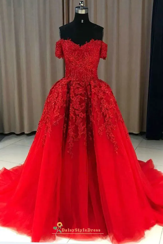 Ball Gown Off Shoulder Sleeve Red Prom Dress