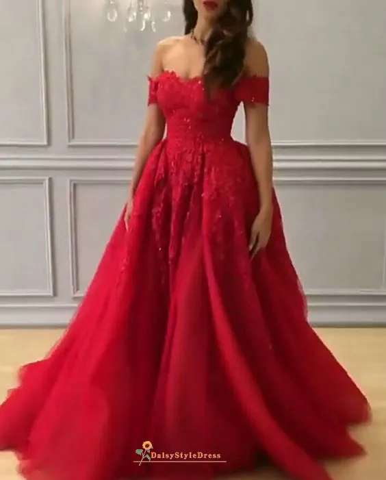 Ball Gown Off Shoulder Sleeve Red Prom Dress