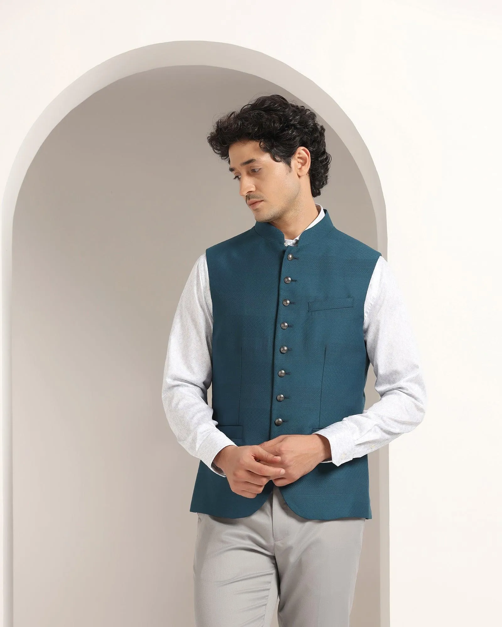 Bandhgala Formal Teal Striped Waistcoat - Korlan