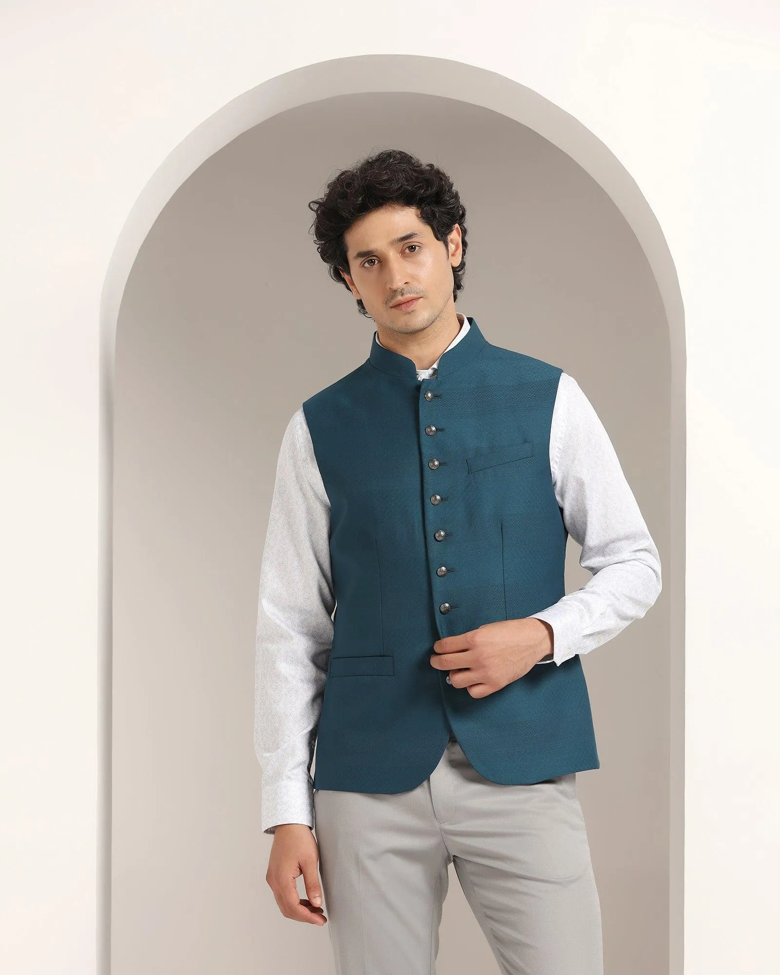 Bandhgala Formal Teal Striped Waistcoat - Korlan