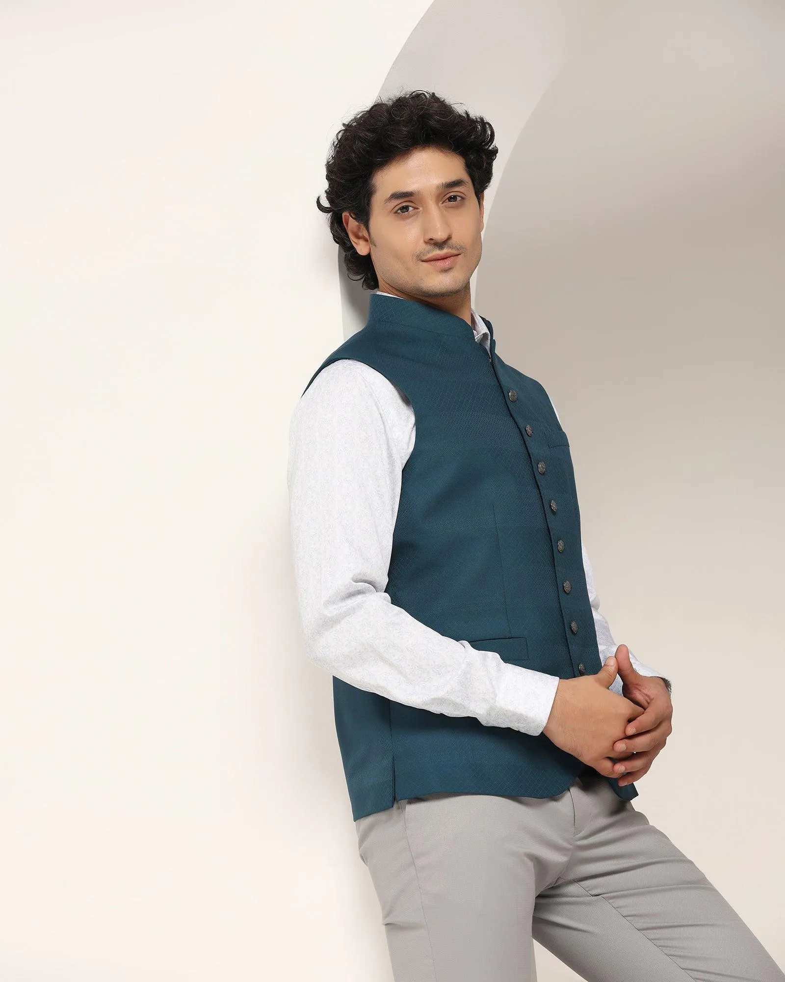 Bandhgala Formal Teal Striped Waistcoat - Korlan