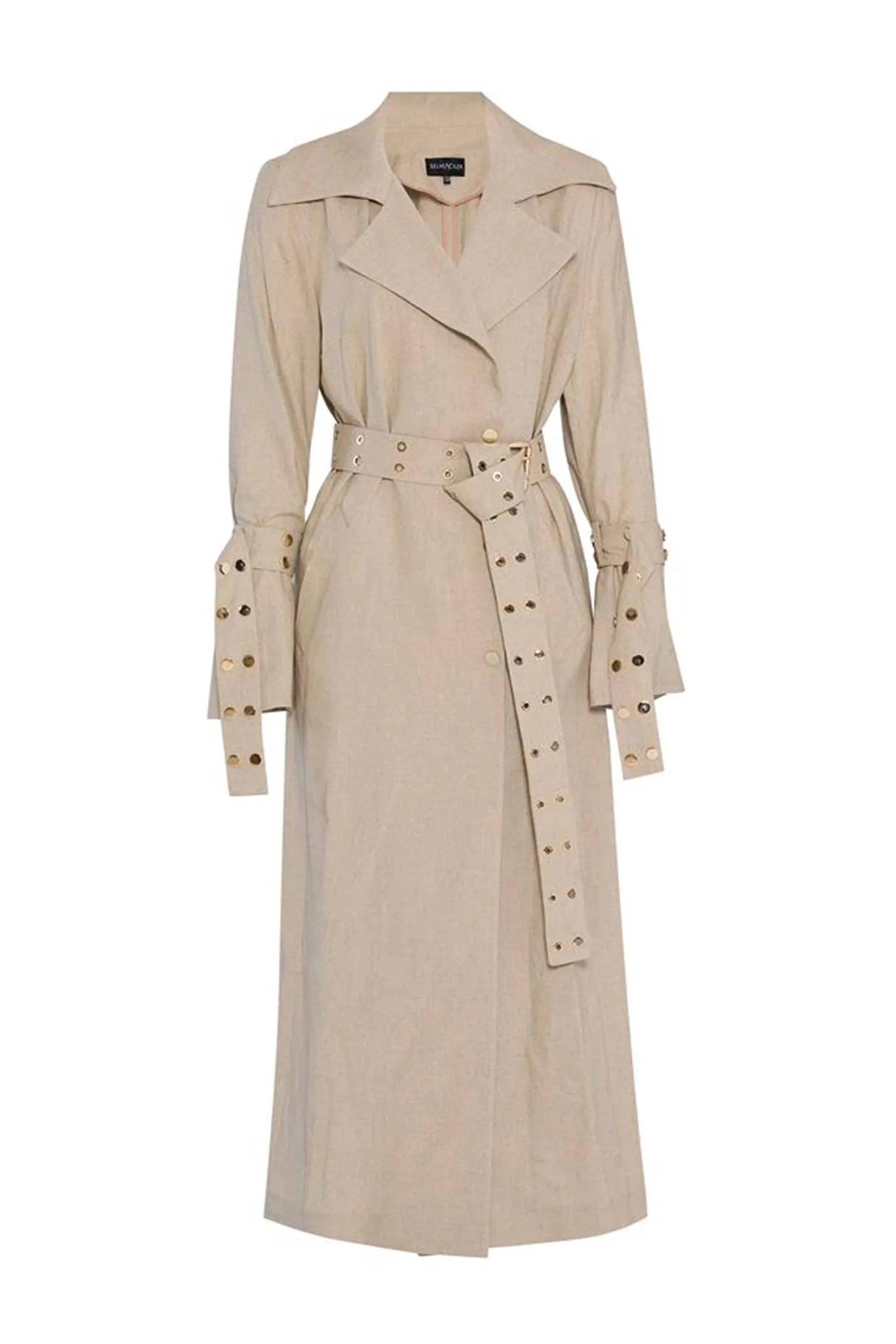 Beige Shirt-Neck, Linen Trenchcoat Jacket