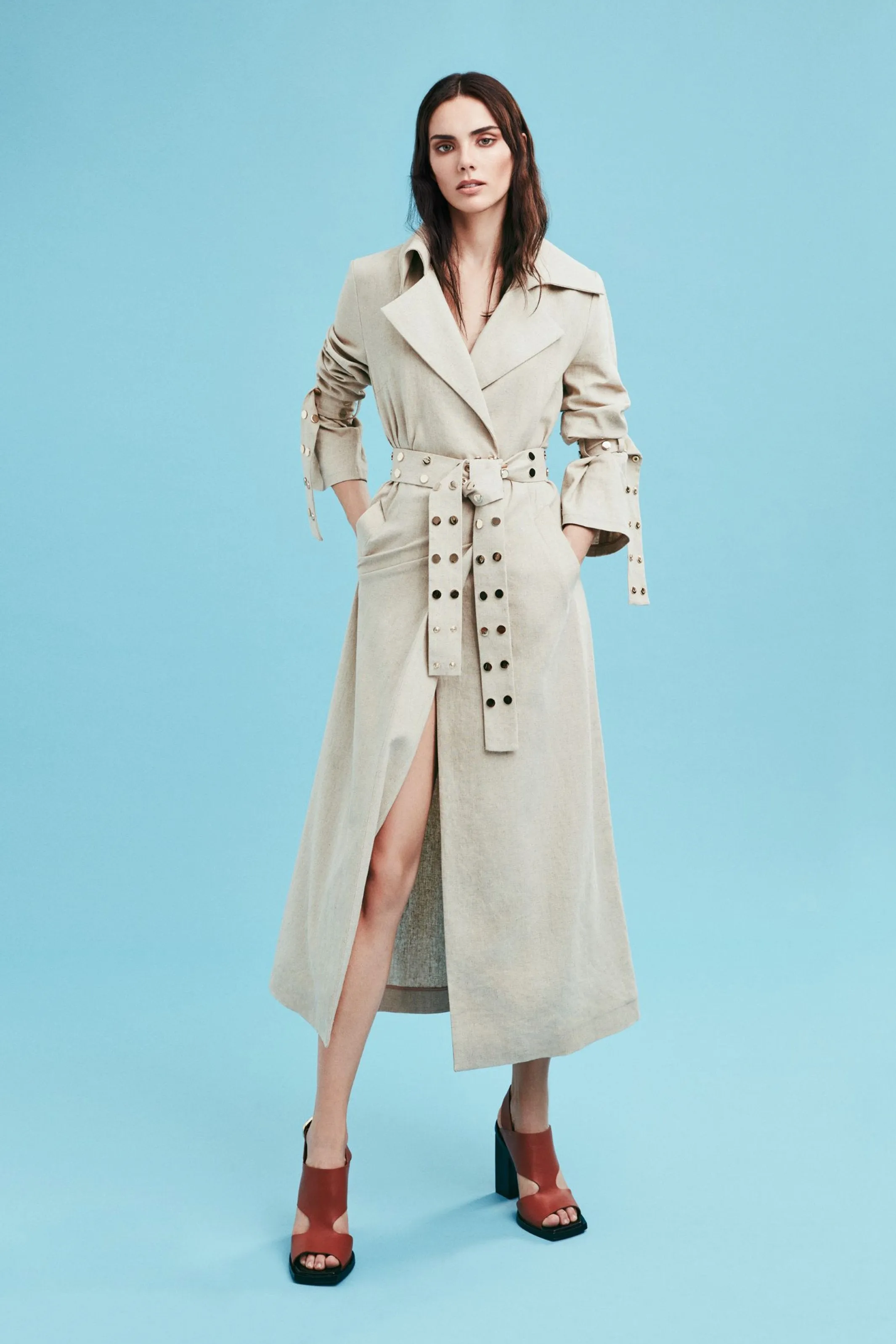 Beige Shirt-Neck, Linen Trenchcoat Jacket