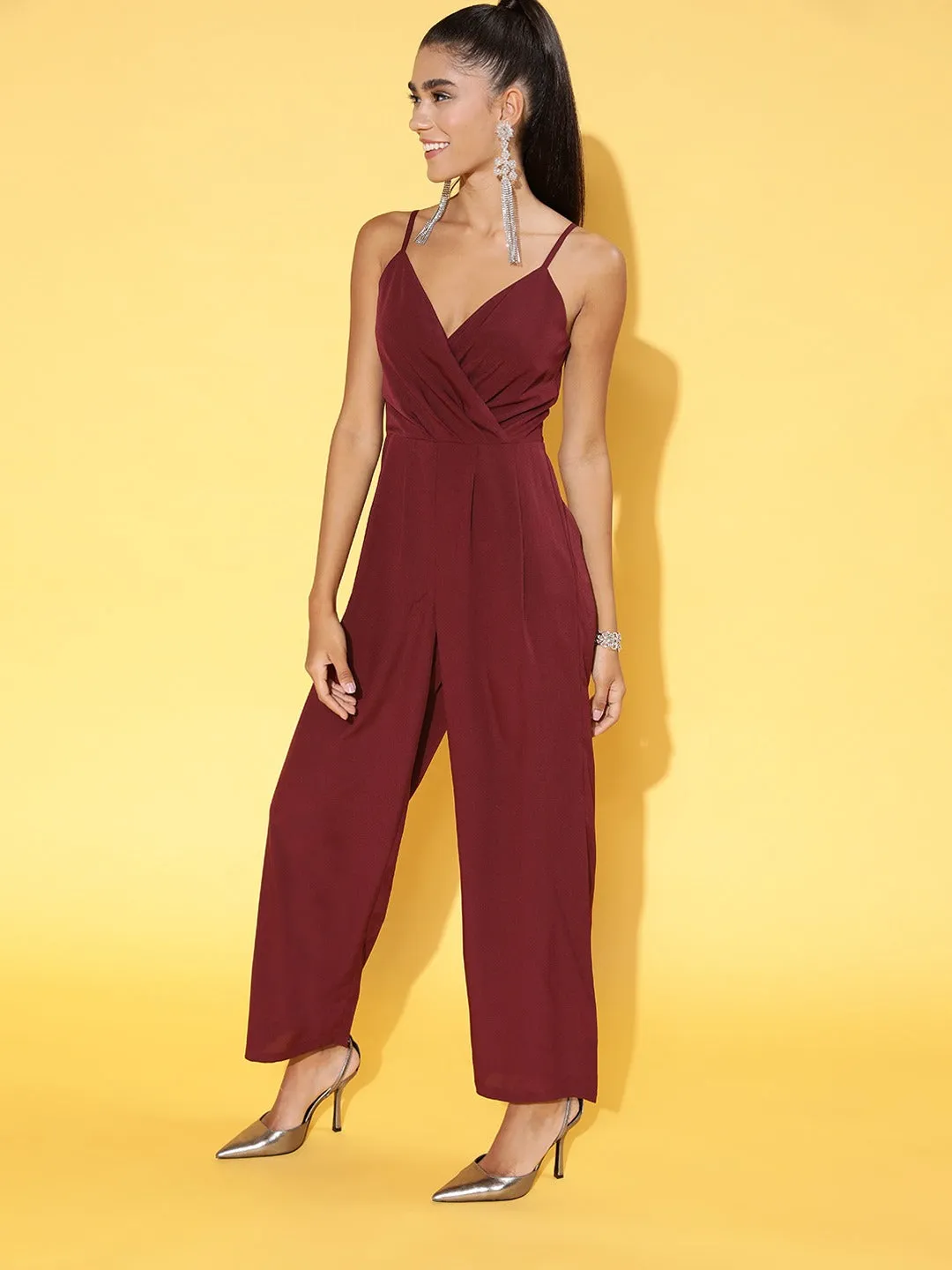 Berrylush Women Solid Maroon V-Neck Sleeveless Gathered Wrap Basic Jumpsuit