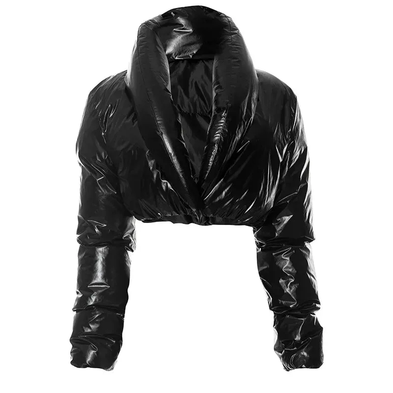 Black Cropped Leather Puffer Jacket