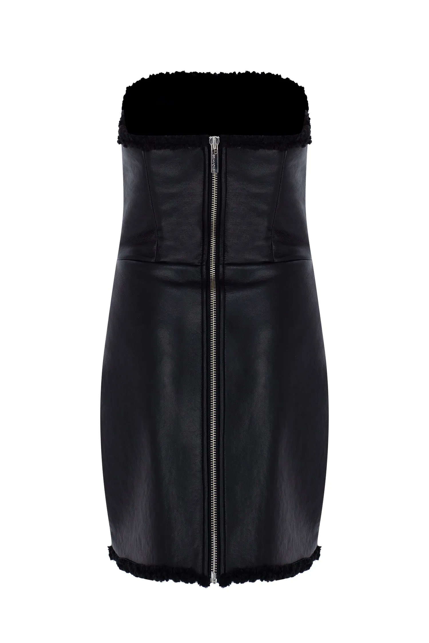 BLACK VEGAN LEATHER STRAPLESS TEDDY DETAILED MINI DRESS