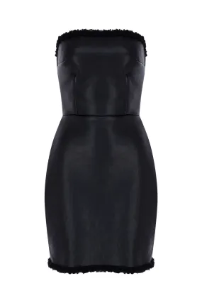 BLACK VEGAN LEATHER STRAPLESS TEDDY DETAILED MINI DRESS