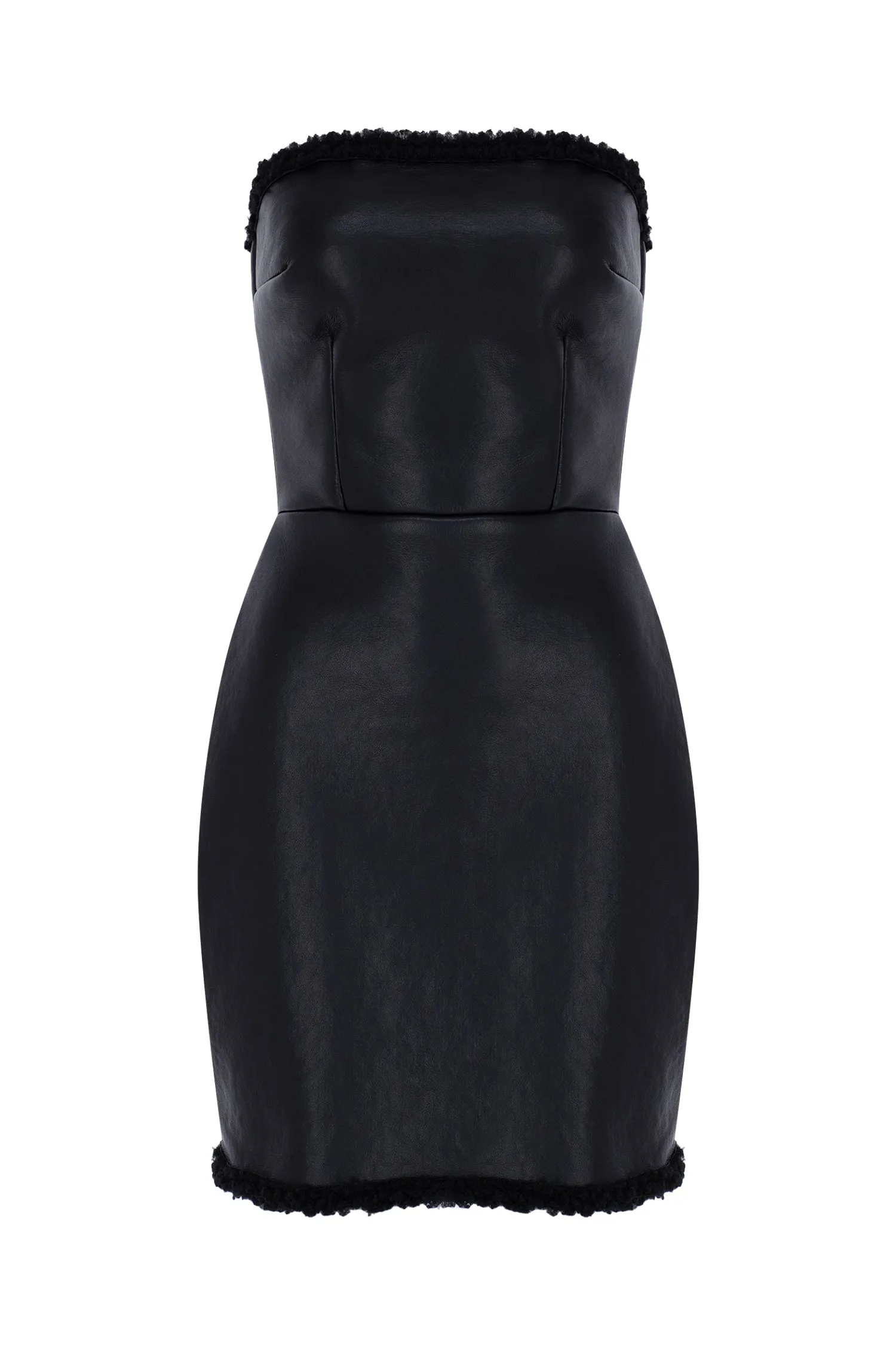 BLACK VEGAN LEATHER STRAPLESS TEDDY DETAILED MINI DRESS