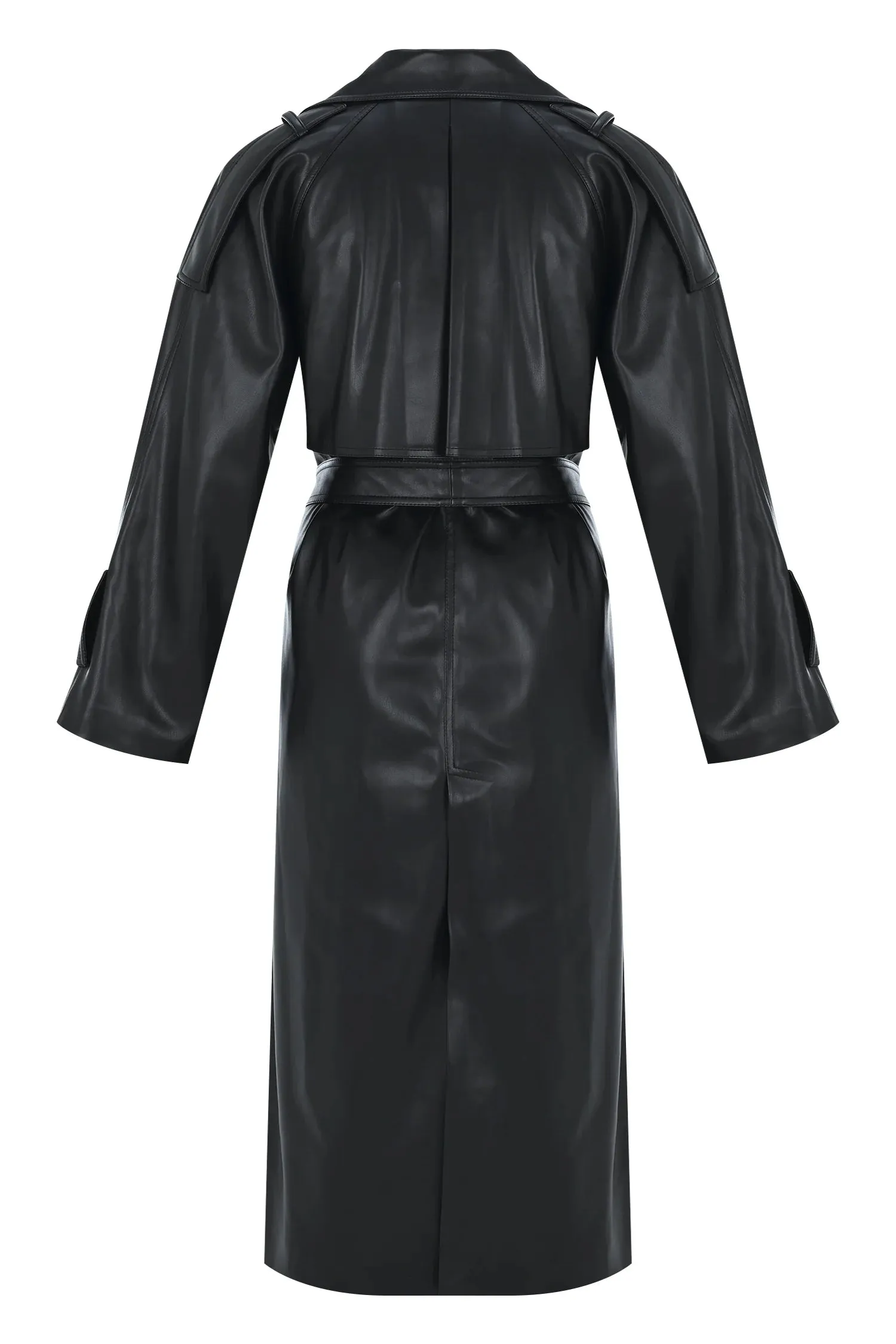 BLACK VEGAN LEATHER TIE DETAILED TRENCHCOAT