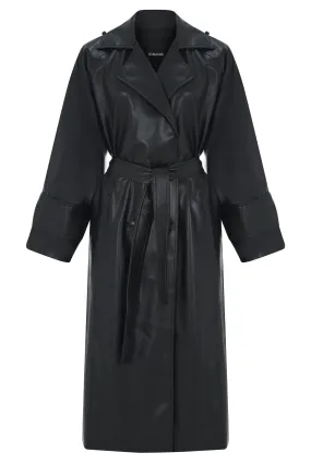 BLACK VEGAN LEATHER TIE DETAILED TRENCHCOAT