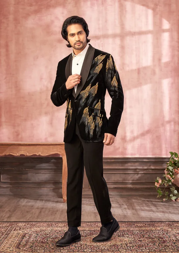 Black Velvet Suit with Spring and Zardozi Work