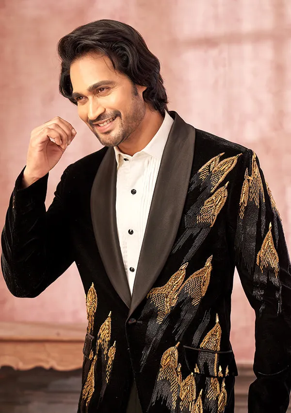 Black Velvet Suit with Spring and Zardozi Work