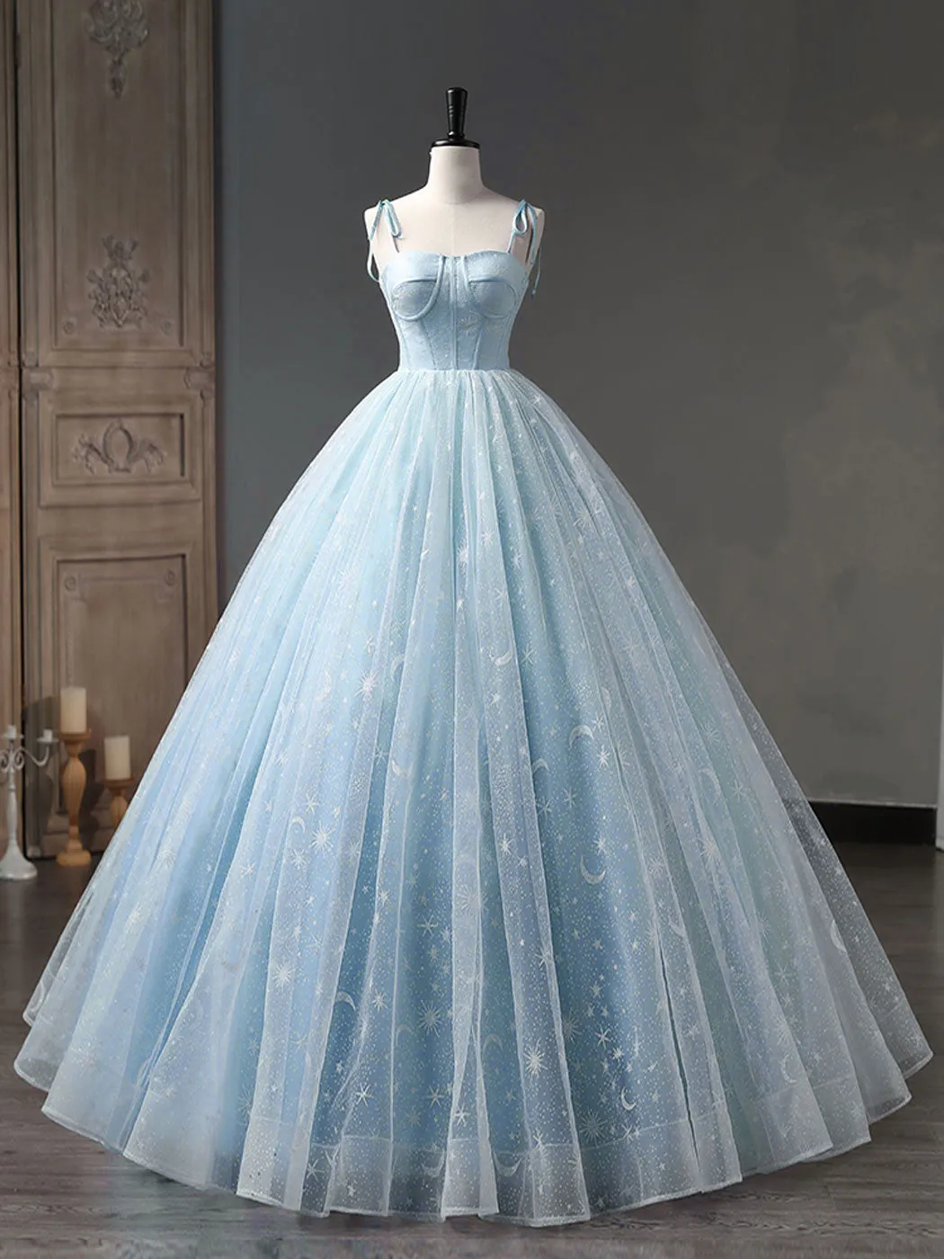 Blue A-Line Tulle Long Prom Dress, Blue Formal Sweet 16 Dress