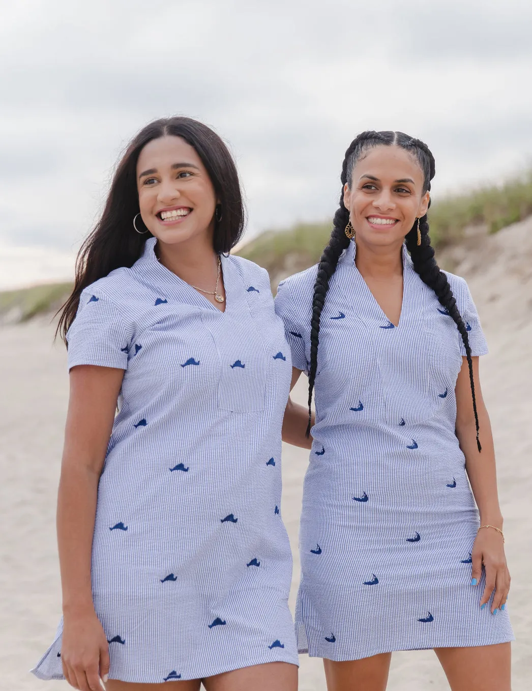 Blue Seersucker Tunic Dress with Navy Embroidered Nantuckets