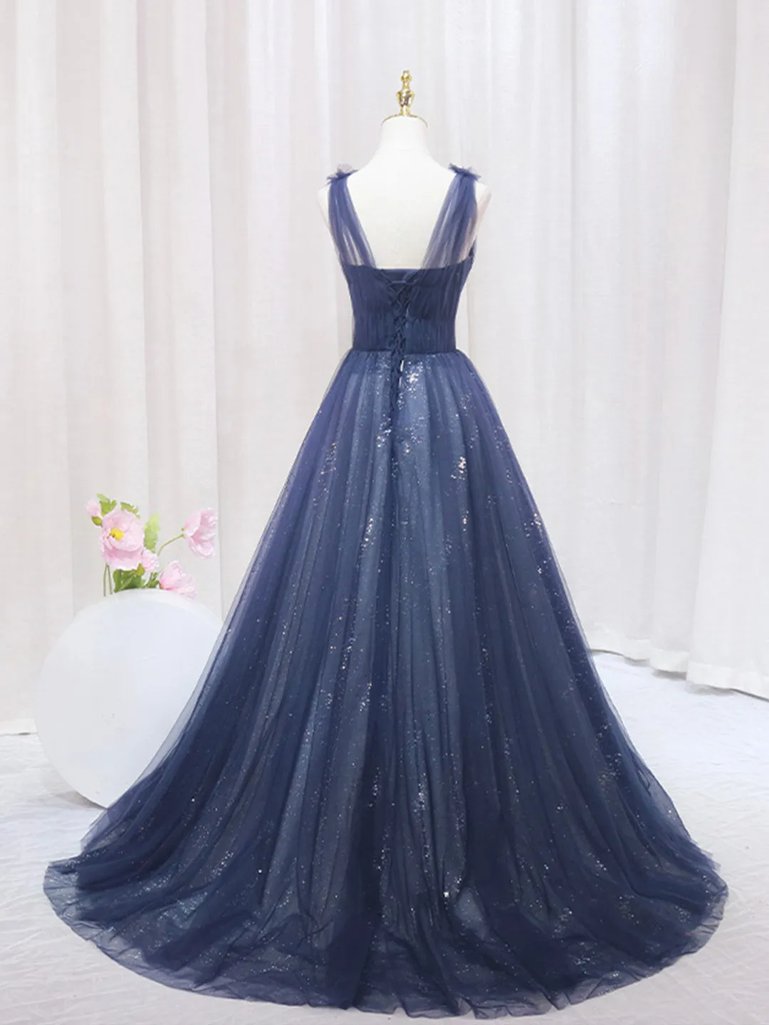 Blue Tulle Beaded Long Prom Dress, Blue Evening Party Dress