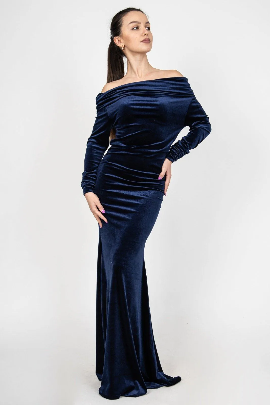 Blue velvet asymmetrical long dress F2362