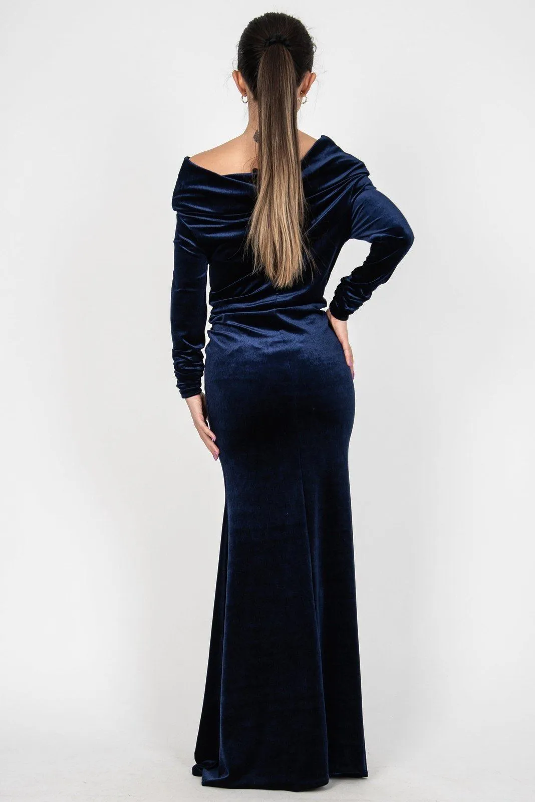 Blue velvet asymmetrical long dress F2362