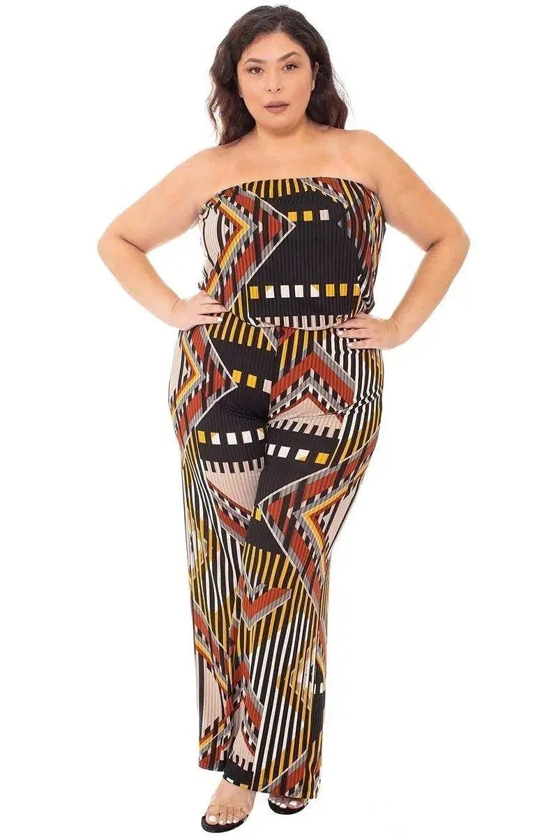 Blue Zone Planet |  Abstract Print Tube Top Plus Size Jumpsuit