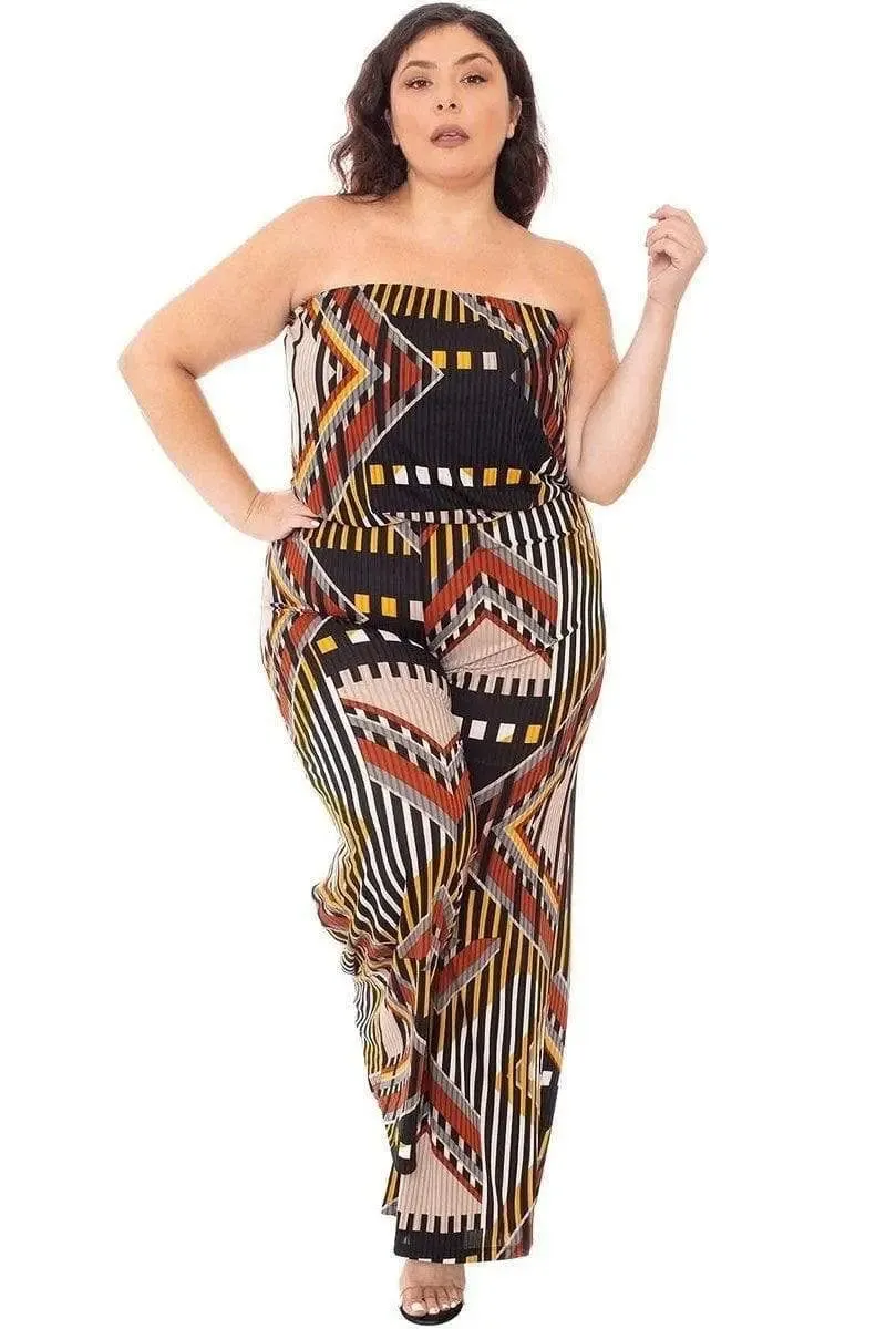 Blue Zone Planet |  Abstract Print Tube Top Plus Size Jumpsuit