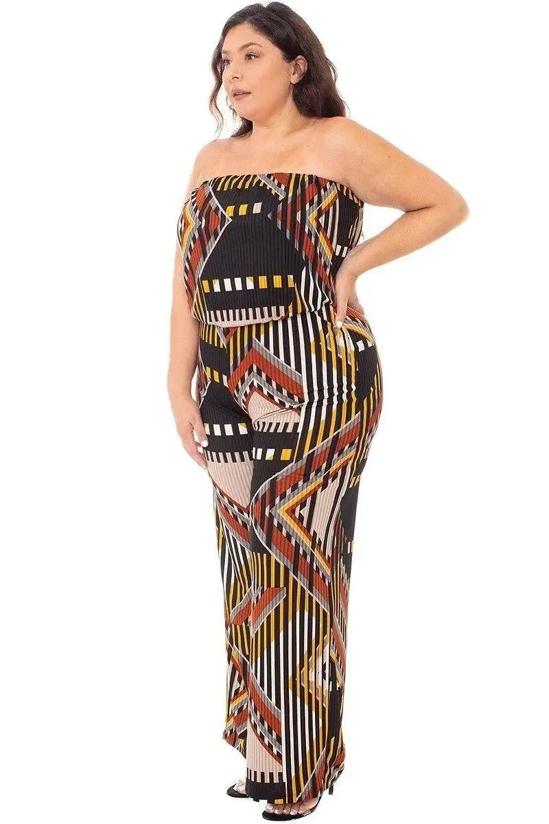 Blue Zone Planet |  Abstract Print Tube Top Plus Size Jumpsuit