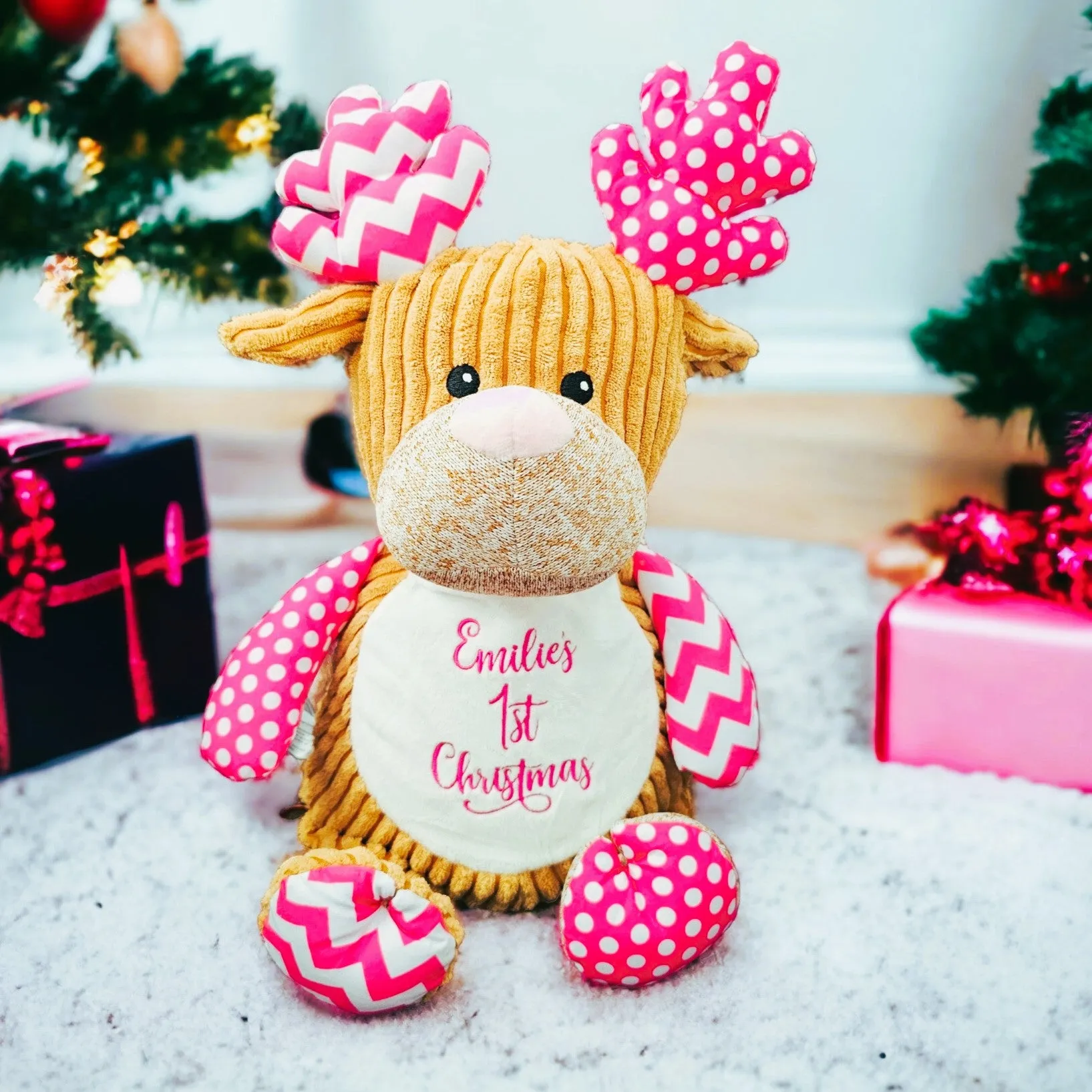 Bright Pink Reindeer Christmas Cubby Teddy