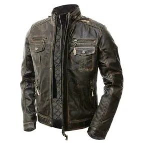 Brown Distressed Seven Pockets Leather Jacket