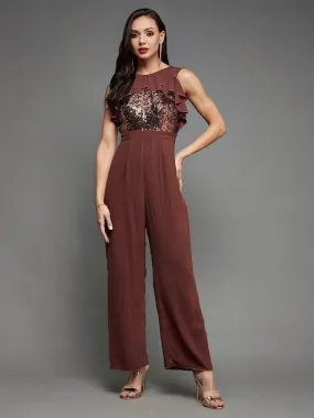 Burgundy Embellished Sequinned Solid Frilled Jumpsuit