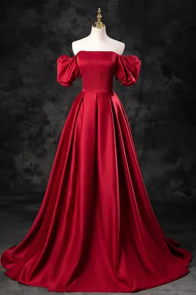 Burgundy Satin Long A-Line Prom Dress, Off the Shoulder Evening Party Dress