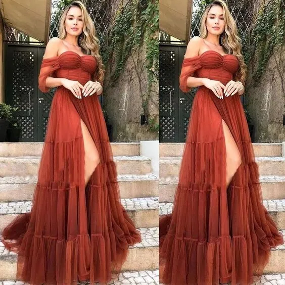 Burnt Orange Prom Dresses Slit    fg2565