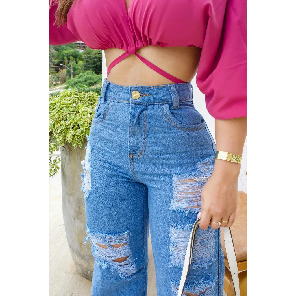 Calça Jeans Feminina Wide Leg Cintura Alta 100% Algodão